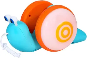 Pull String Crawling Snail, Funny Wriggly Snail Toddlers Walking-Learning Toy Pull and Push Baby Toy with Music and Lights Effect (Blue-Orange)