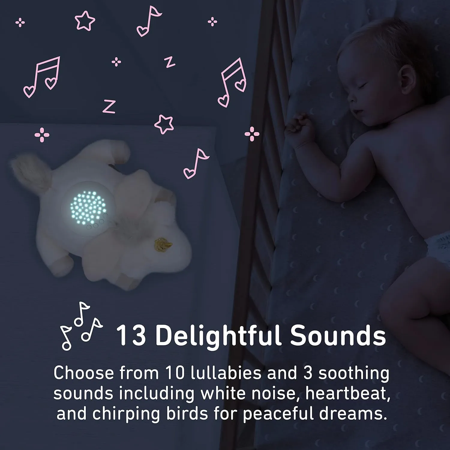 PureBaby Sound Sleepers Portable Sound Machine & Star Projector - Plush Sleep Aid for Baby and Toddlers with Soothing Night Light Display, 10 Lullabies, White Noise, and Heartbeat Sounds (Unicorn)
