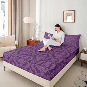 Purple Damask Bed Sheet Set Vintage Antique Victorian Baroque Sheet Sets Deep Pocket(No Flat Sheet),Exotic Bohemian Mandala Floral Gothic Mattress Cover,Twin with 1 Pillowcase