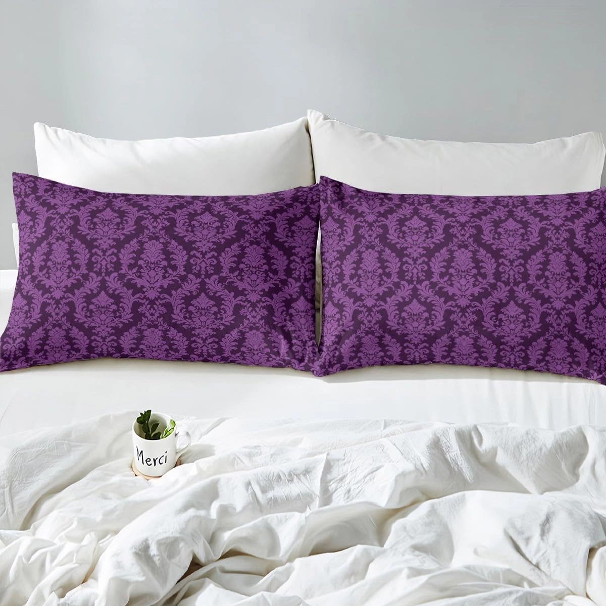 Purple Damask Bed Sheet Set Vintage Antique Victorian Baroque Sheet Sets Deep Pocket(No Flat Sheet),Exotic Bohemian Mandala Floral Gothic Mattress Cover,Twin with 1 Pillowcase