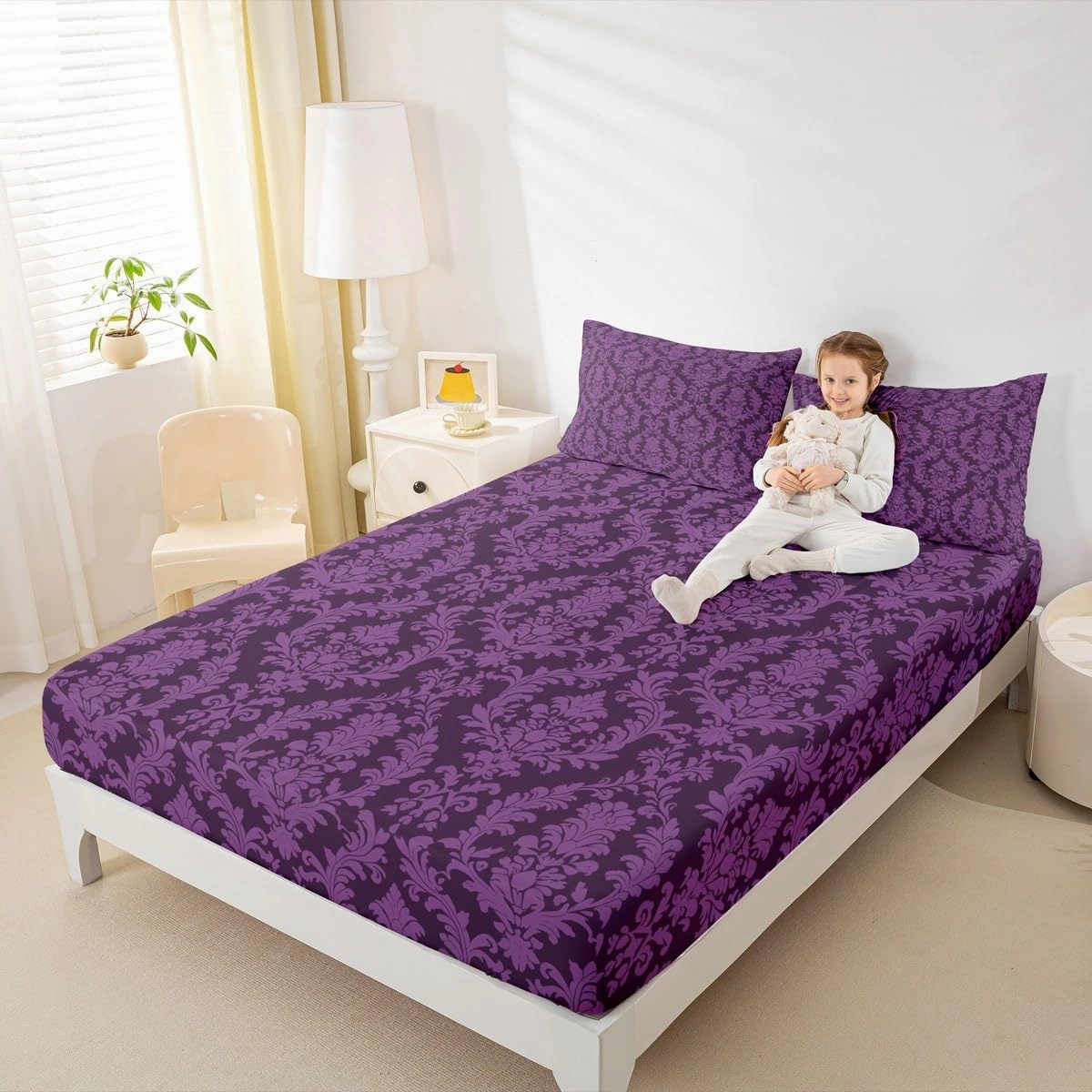 Purple Damask Bed Sheet Set Vintage Antique Victorian Baroque Sheet Sets Deep Pocket(No Flat Sheet),Exotic Bohemian Mandala Floral Gothic Mattress Cover,Twin with 1 Pillowcase