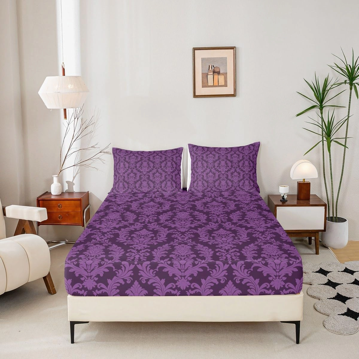 Purple Damask Bed Sheet Set Vintage Antique Victorian Baroque Sheet Sets Deep Pocket(No Flat Sheet),Exotic Bohemian Mandala Floral Gothic Mattress Cover,Twin with 1 Pillowcase