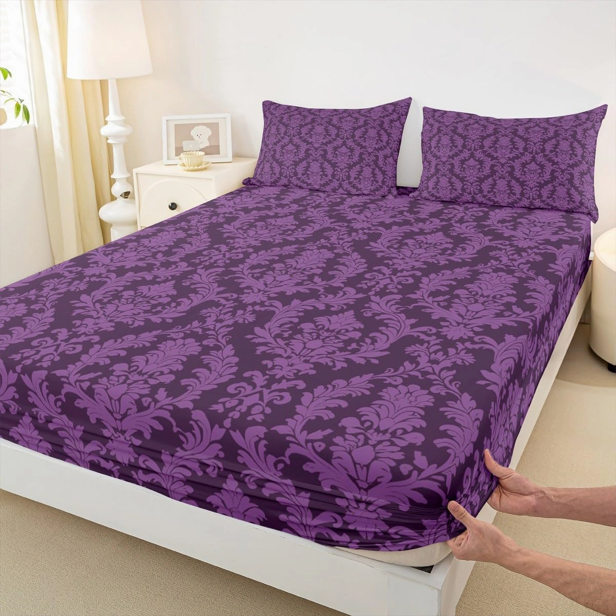 Purple Damask Bed Sheet Set Vintage Antique Victorian Baroque Sheet Sets Deep Pocket(No Flat Sheet),Exotic Bohemian Mandala Floral Gothic Mattress Cover,Twin with 1 Pillowcase