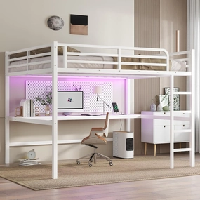 Queen Loft Bed with Desk and Charging Station(USB Port & Outlets), Queen Size Loft Bed with RGB LED Light, Heavy Duty Metal Loft Beds for Adults, Teens, Noise Free Design, Space Saving(White)