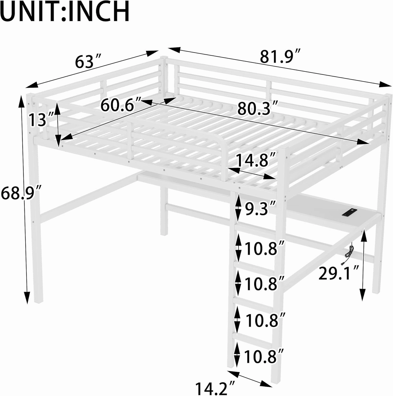 Queen Loft Bed with Desk and Charging Station(USB Port & Outlets), Queen Size Loft Bed with RGB LED Light, Heavy Duty Metal Loft Beds for Adults, Teens, Noise Free Design, Space Saving(White)