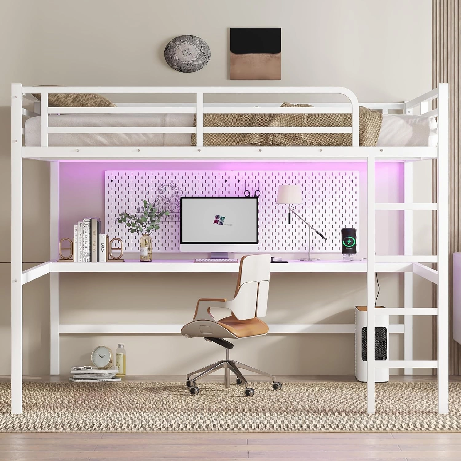 Queen Loft Bed with Desk and Charging Station(USB Port & Outlets), Queen Size Loft Bed with RGB LED Light, Heavy Duty Metal Loft Beds for Adults, Teens, Noise Free Design, Space Saving(White)