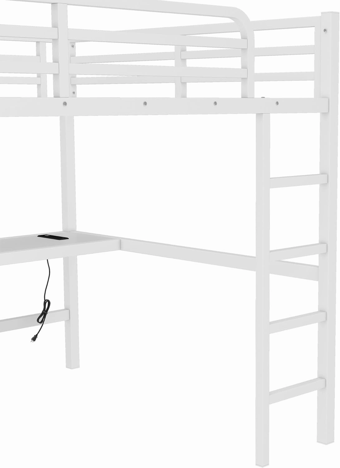Queen Loft Bed with Desk and Charging Station(USB Port & Outlets), Queen Size Loft Bed with RGB LED Light, Heavy Duty Metal Loft Beds for Adults, Teens, Noise Free Design, Space Saving(White)