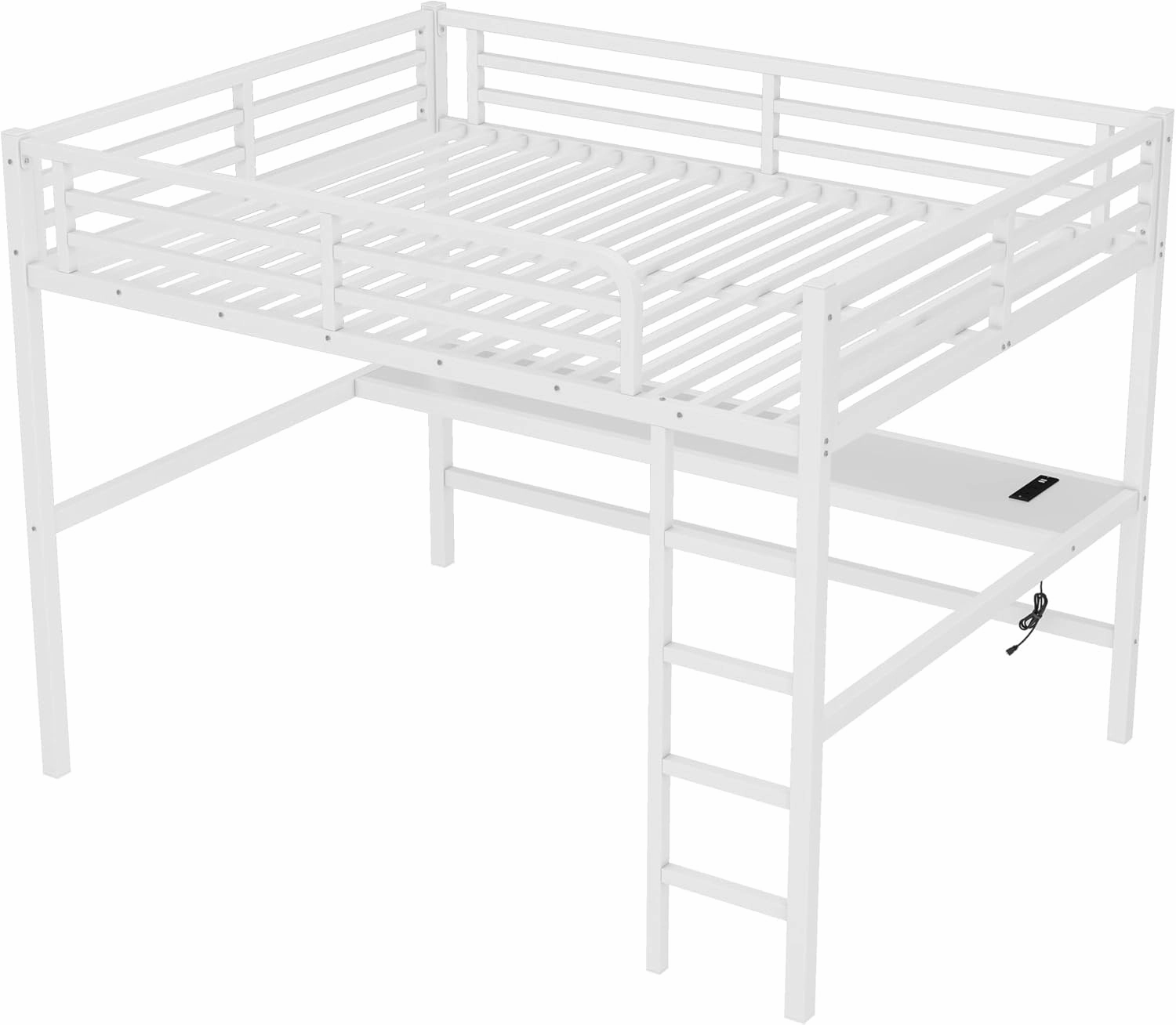 Queen Loft Bed with Desk and Charging Station(USB Port & Outlets), Queen Size Loft Bed with RGB LED Light, Heavy Duty Metal Loft Beds for Adults, Teens, Noise Free Design, Space Saving(White)