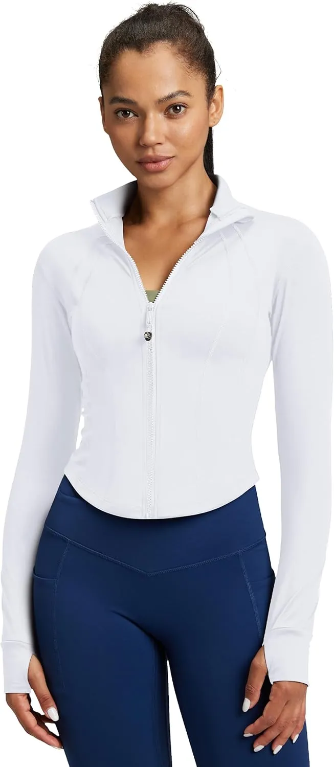 QUEENIEKE Women’s Workout Cropped Jacket Full Zip Lightweight Running Track Jackets Bbl Slim Fit Tops Shirts