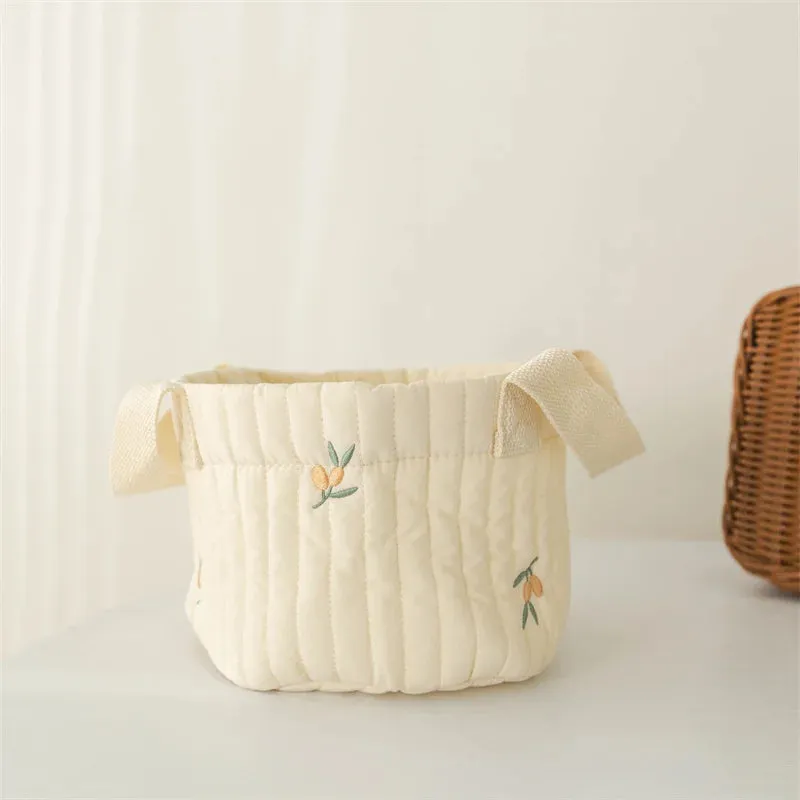 Quilted Embroidered Baby Diaper Storage Bucket Bag