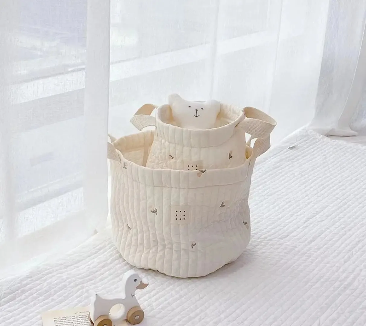 Quilted Embroidered Baby Diaper Storage Bucket Bag