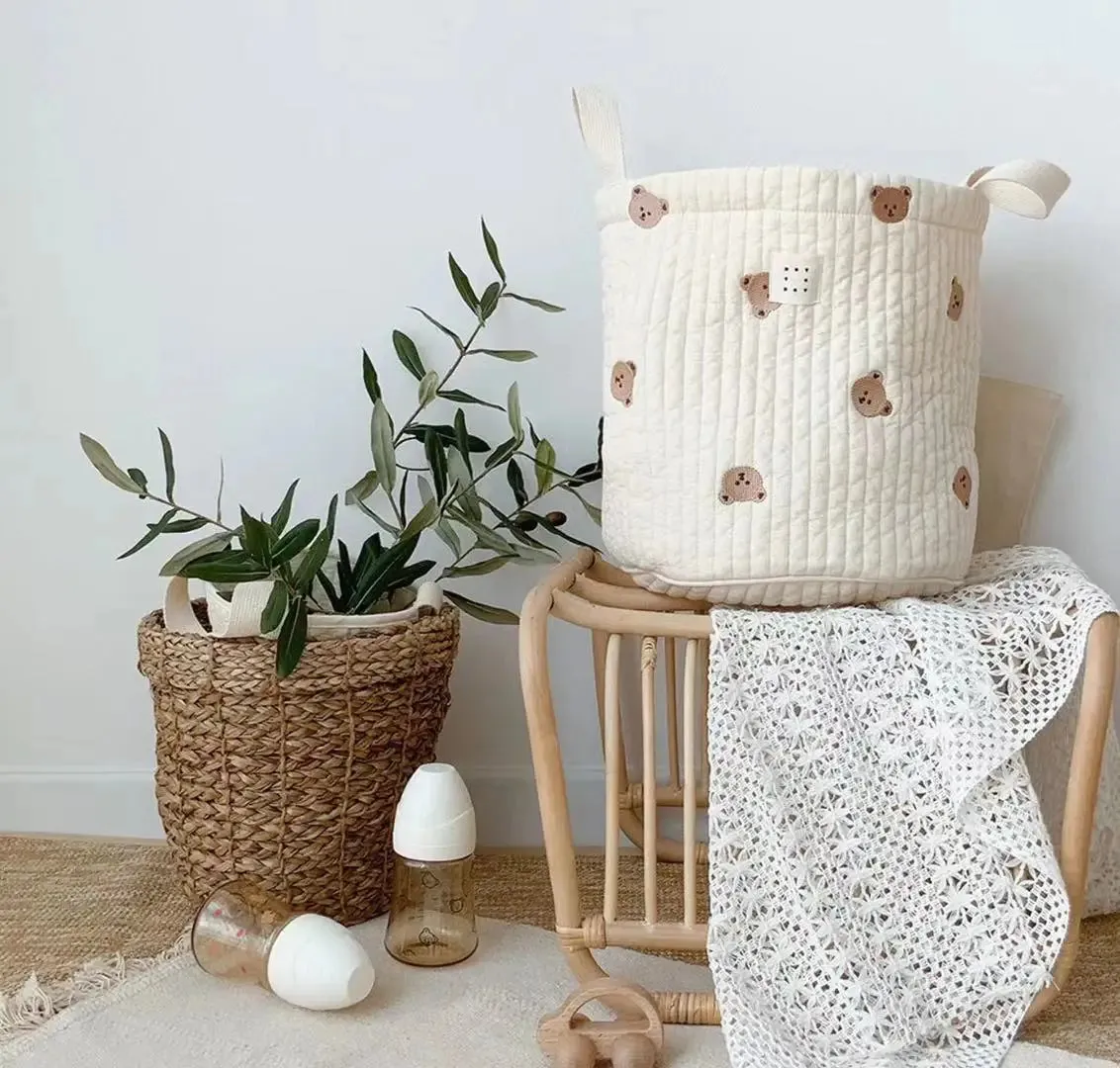 Quilted Embroidered Baby Diaper Storage Bucket Bag