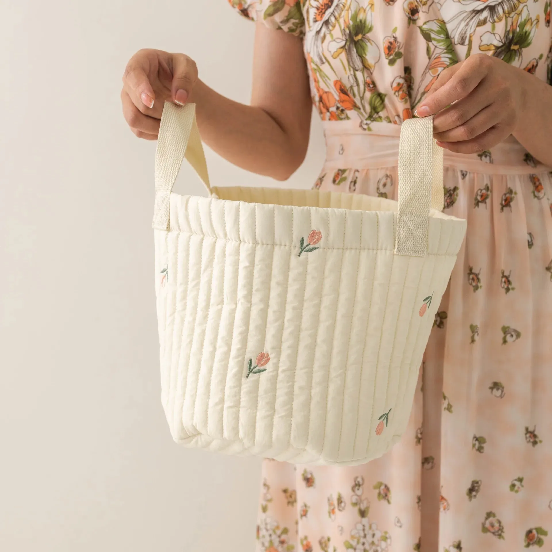 Quilted Embroidered Baby Diaper Storage Bucket Bag