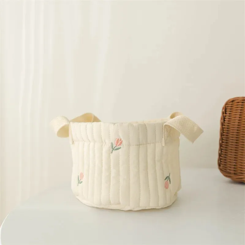 Quilted Embroidered Baby Diaper Storage Bucket Bag