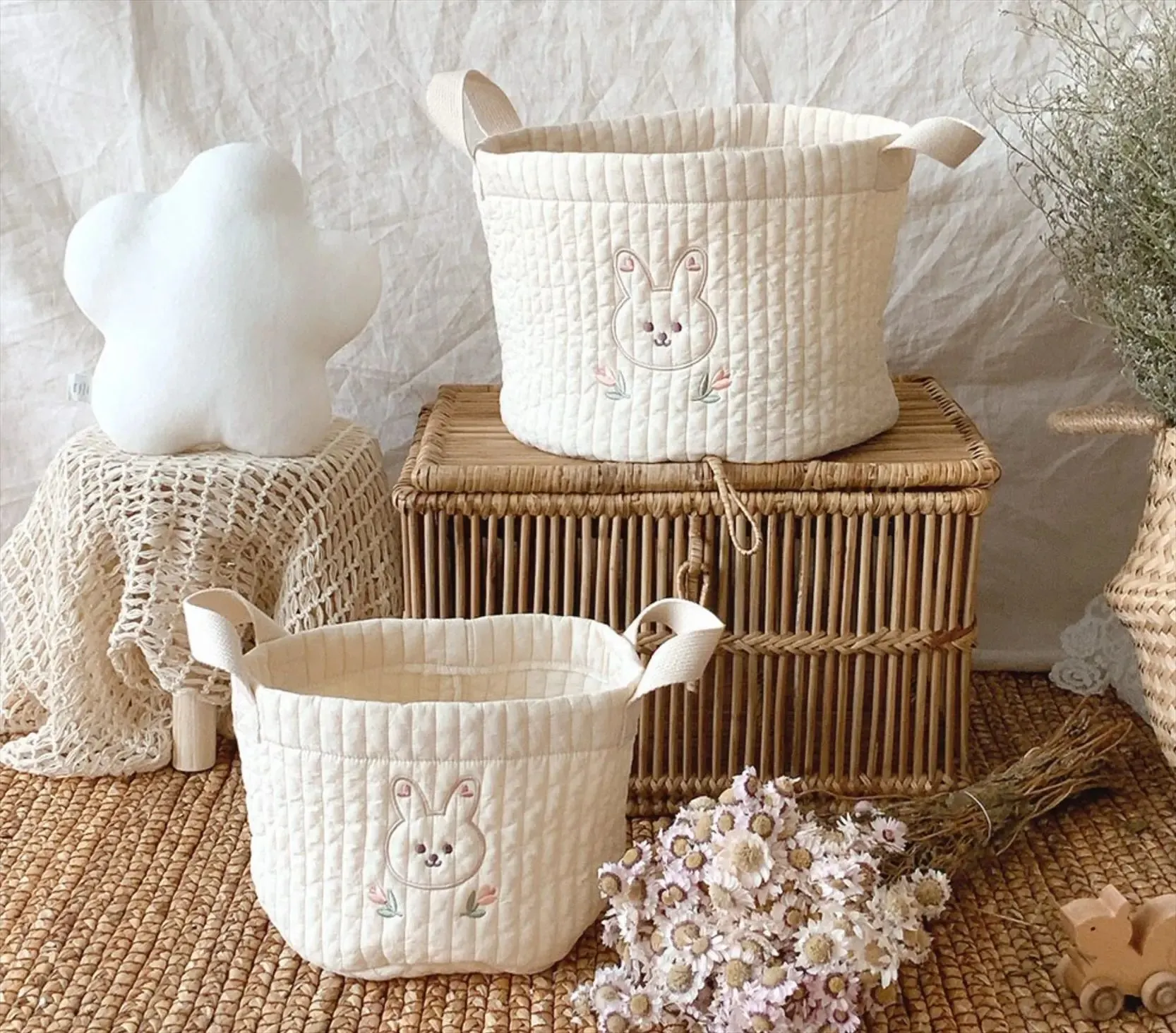 Quilted Embroidered Baby Diaper Storage Bucket Bag