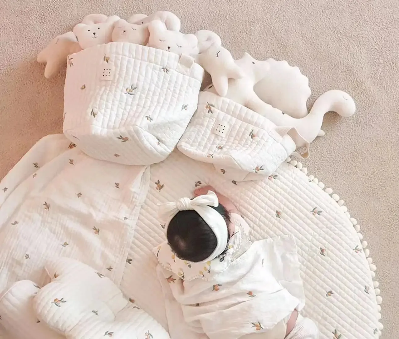 Quilted Embroidered Baby Diaper Storage Bucket Bag