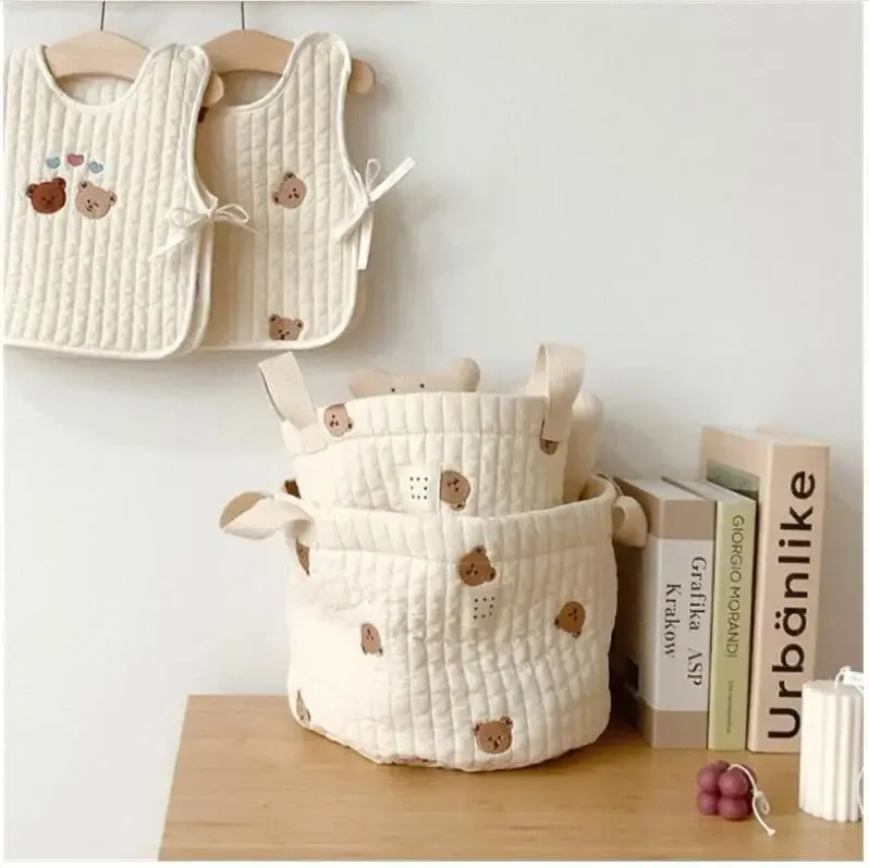 Quilted Embroidered Baby Diaper Storage Bucket Bag