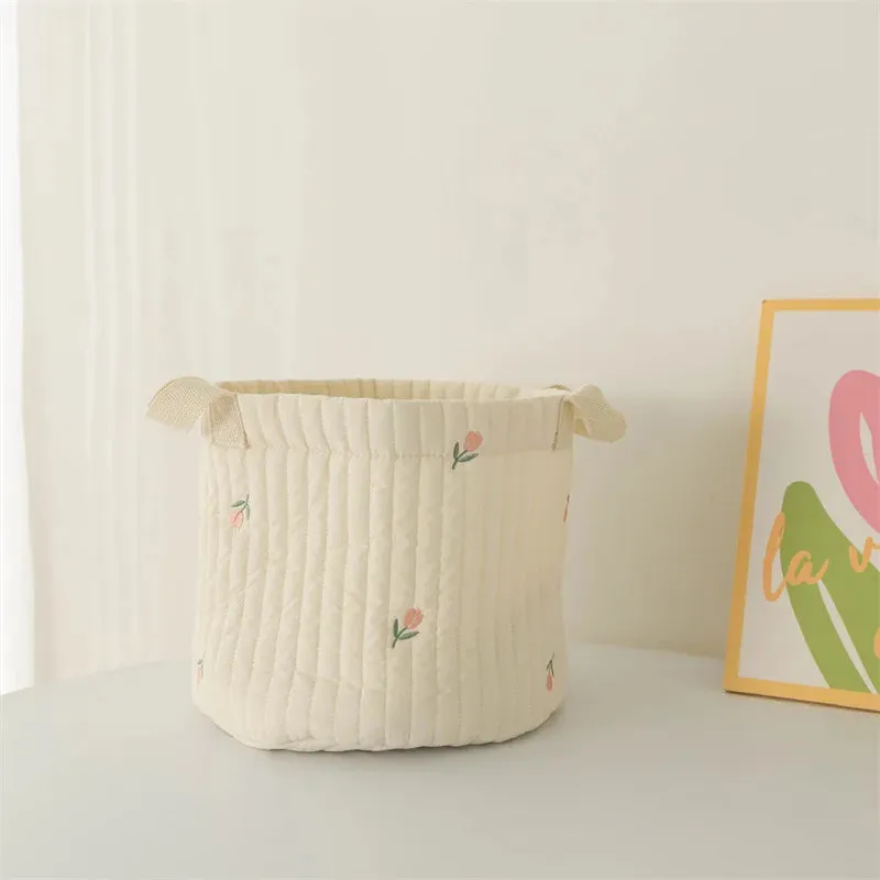 Quilted Embroidered Baby Diaper Storage Bucket Bag