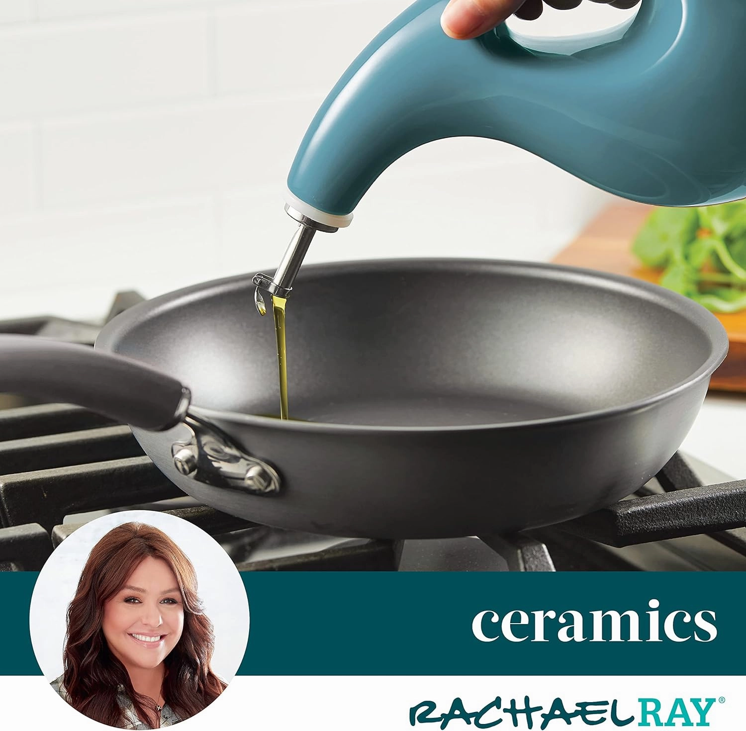 Rachael Ray 48467 Ceramic EVOO Oil and Vinegar Dispensing Bottle with Spout, 24 Ounce - Agave Blue
