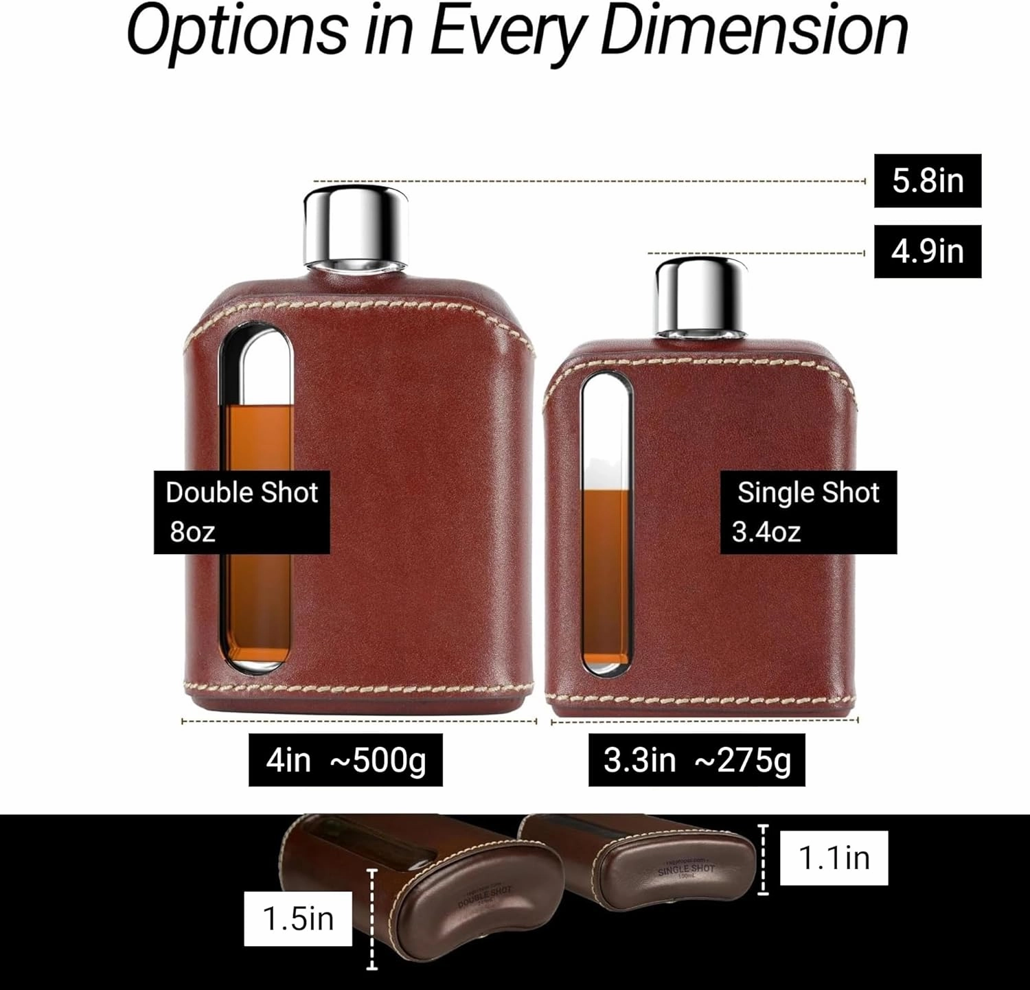 Ragproper Modern Glass Hip Flask - Durable Leather Covered Flask for Whiskey, Spirits, & Other Liquor - Ideal Glass Flask for Men & Women (Single Shot 100ml, Leather Dark Brown)