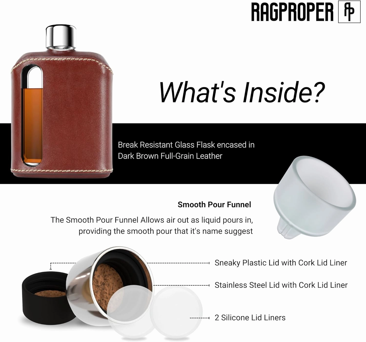 Ragproper Modern Glass Hip Flask - Durable Leather Covered Flask for Whiskey, Spirits, & Other Liquor - Ideal Glass Flask for Men & Women (Single Shot 100ml, Leather Dark Brown)