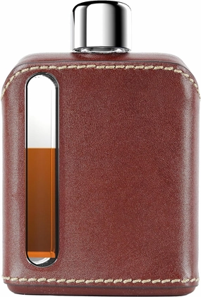 Ragproper Modern Glass Hip Flask - Durable Leather Covered Flask for Whiskey, Spirits, & Other Liquor - Ideal Glass Flask for Men & Women (Single Shot 100ml, Leather Dark Brown)