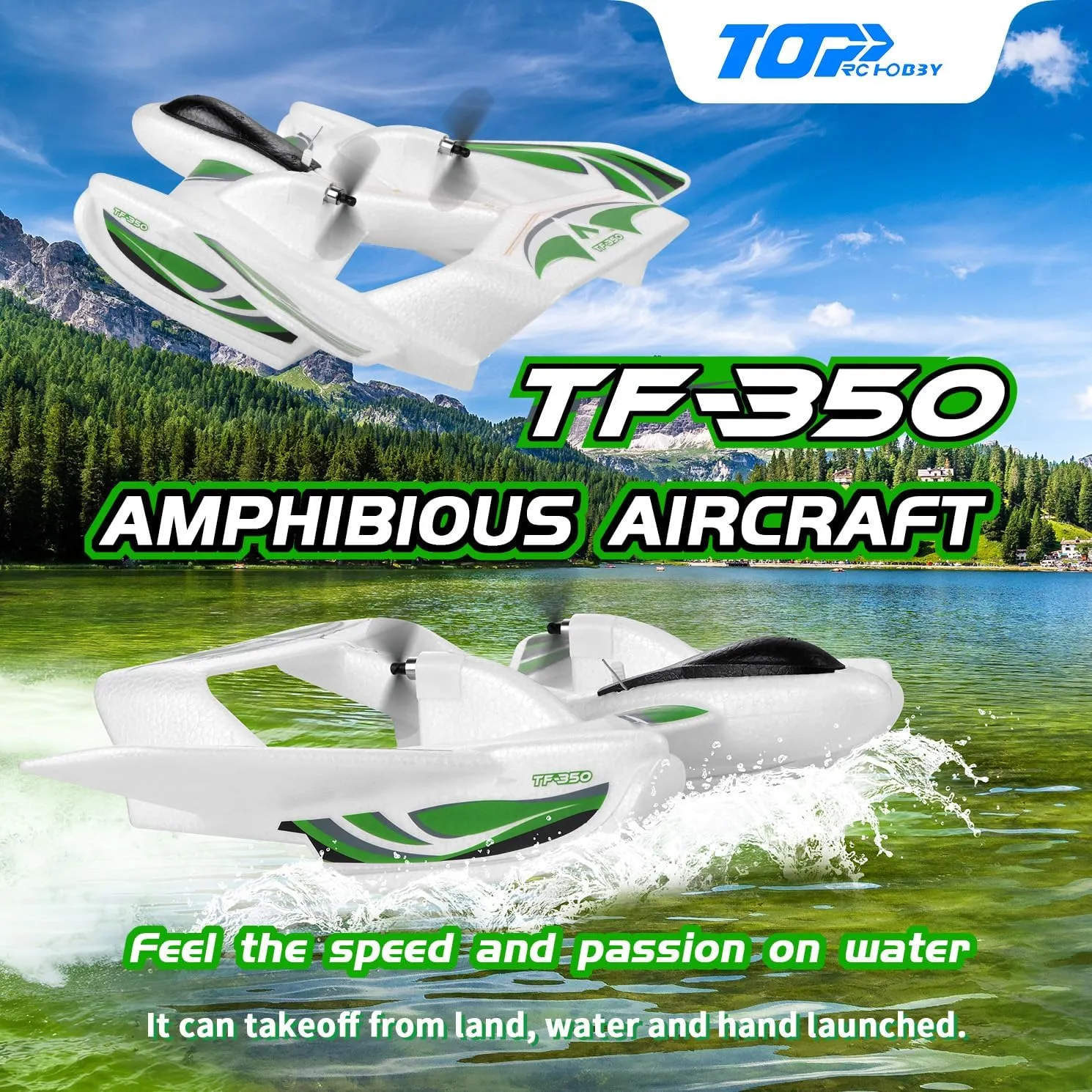 RC Plane TF350 Amphibious Aircraft, 2.4GHz 3CH RC Airplane with Smart Gyro LED Lights and Dual Battery RTF Glider