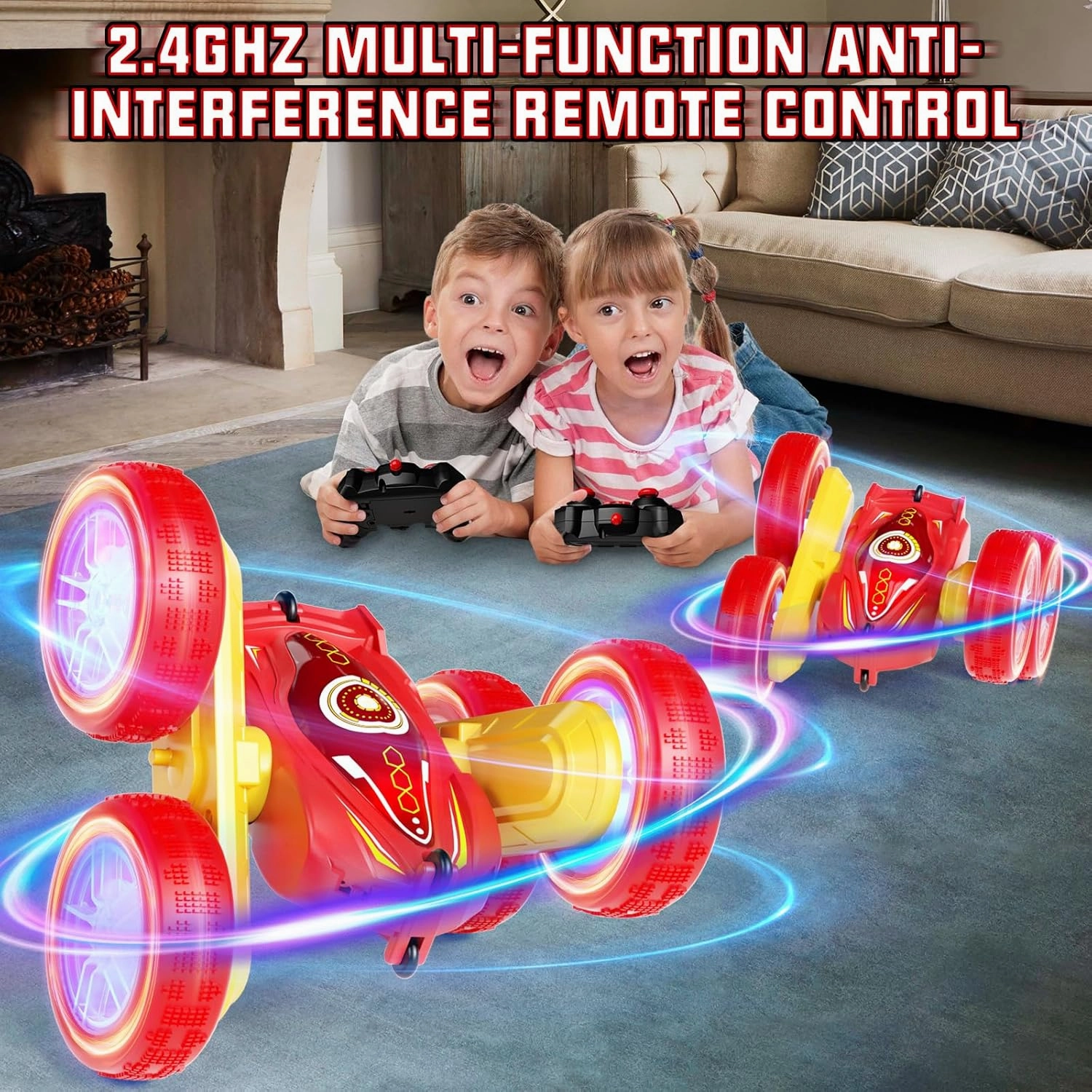 RC Stunt Cars, Gesture Sensor Remote Control Car, 4WD Remote Control Monster Trucks, 2.4Ghz RC Rock Crawler with Headlights Wheel Lights, Double Sided 360° Flips RC Car Toys for Kids Boys Girls (Red)