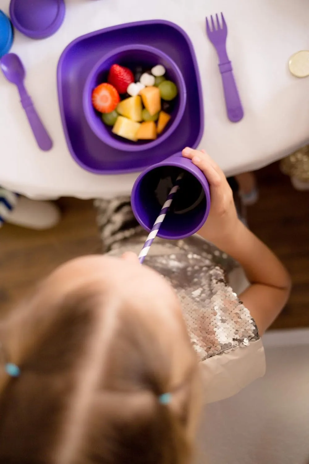 Re-Play Kids Dinnerware Set - 10 oz. Open Cup, 7" Flat Plate, 12 Oz. Bowl, Rounded Tip Fork and Deep Scoop Spoon - Dishwasher/Microwave Safe - Made in USA - Amethyst