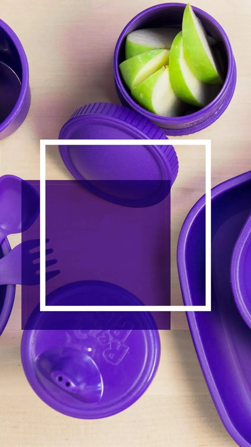 Re-Play Kids Dinnerware Set - 10 oz. Open Cup, 7" Flat Plate, 12 Oz. Bowl, Rounded Tip Fork and Deep Scoop Spoon - Dishwasher/Microwave Safe - Made in USA - Amethyst
