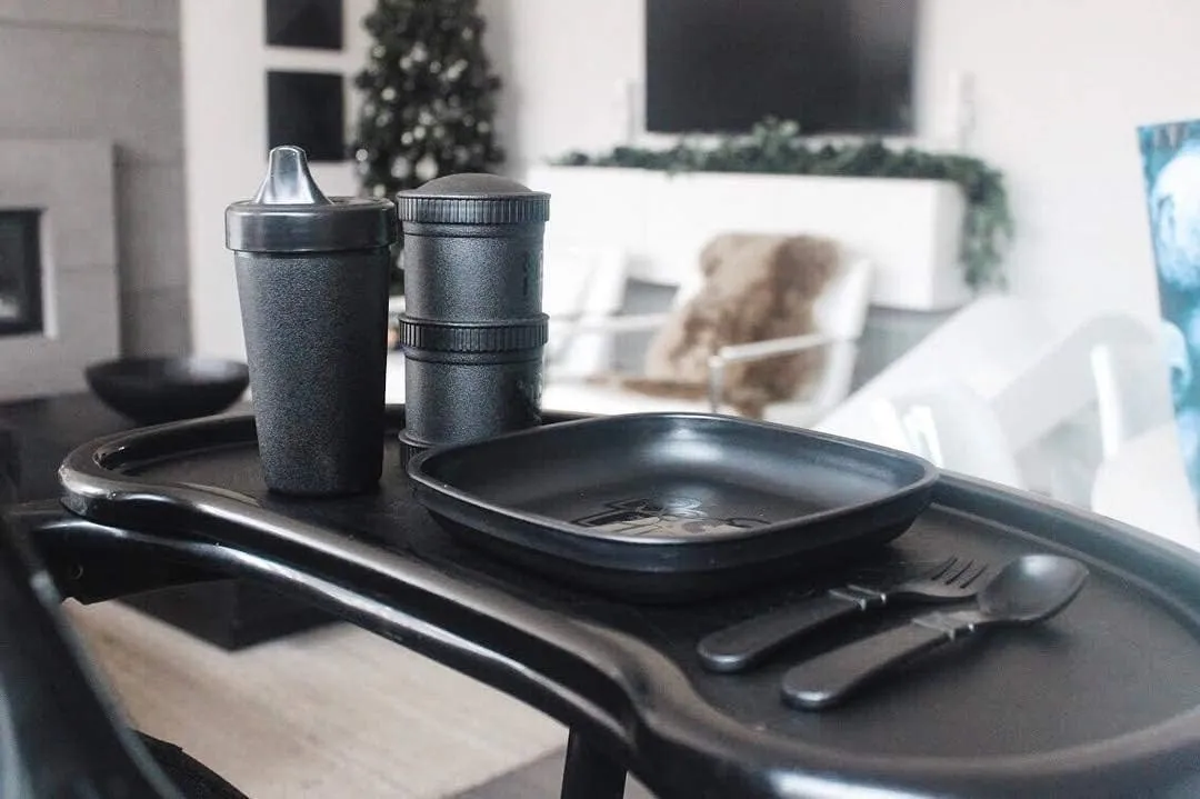 Re-Play Kids Dinnerware Set - 10 oz. Open Cup, 7" Flat Plate, 12 Oz. Bowl, Rounded Tip Fork and Deep Scoop Spoon - Dishwasher/Microwave Safe - Made in USA - Black