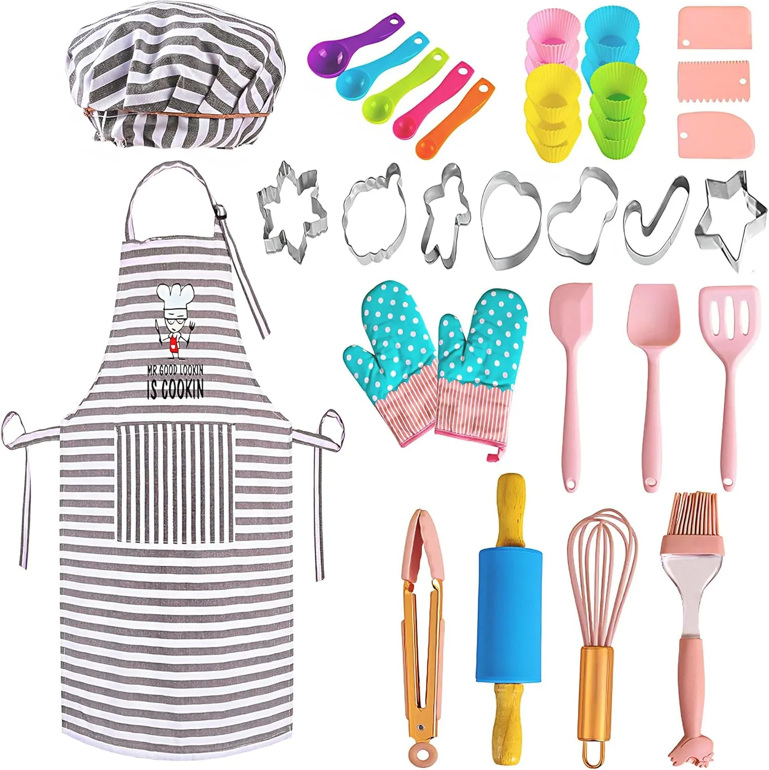 Real Kids Baking and Cooking Sets - 38 Pcs Real Baking Supplies for Junior Chef Includes Kids Apron and Chef Hat, Baking Utensils - Complete Gift Cooking Kits for The Curious Child