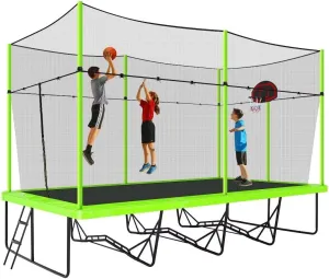 Rectangle Trampoline for Adults, 10x17 FT Large Outdoor Rectangular Trampoline for Backyard - ASTM Certified - Gymnastics Trampoline with Enclosure Net, Basketball Hoop, Strong Base, Green