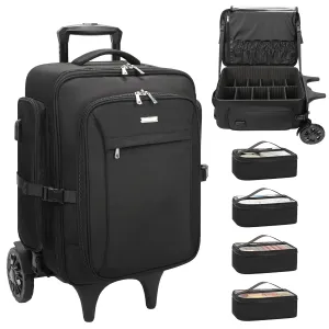 Relavel Rolling Makeup Case with 4 small bags, Large Make Up Travel Organizer with 2 big Wheels, Professional Lockable Makeup Artist Backpack with Adjustable Dividers for Daily Use, Trip - Black