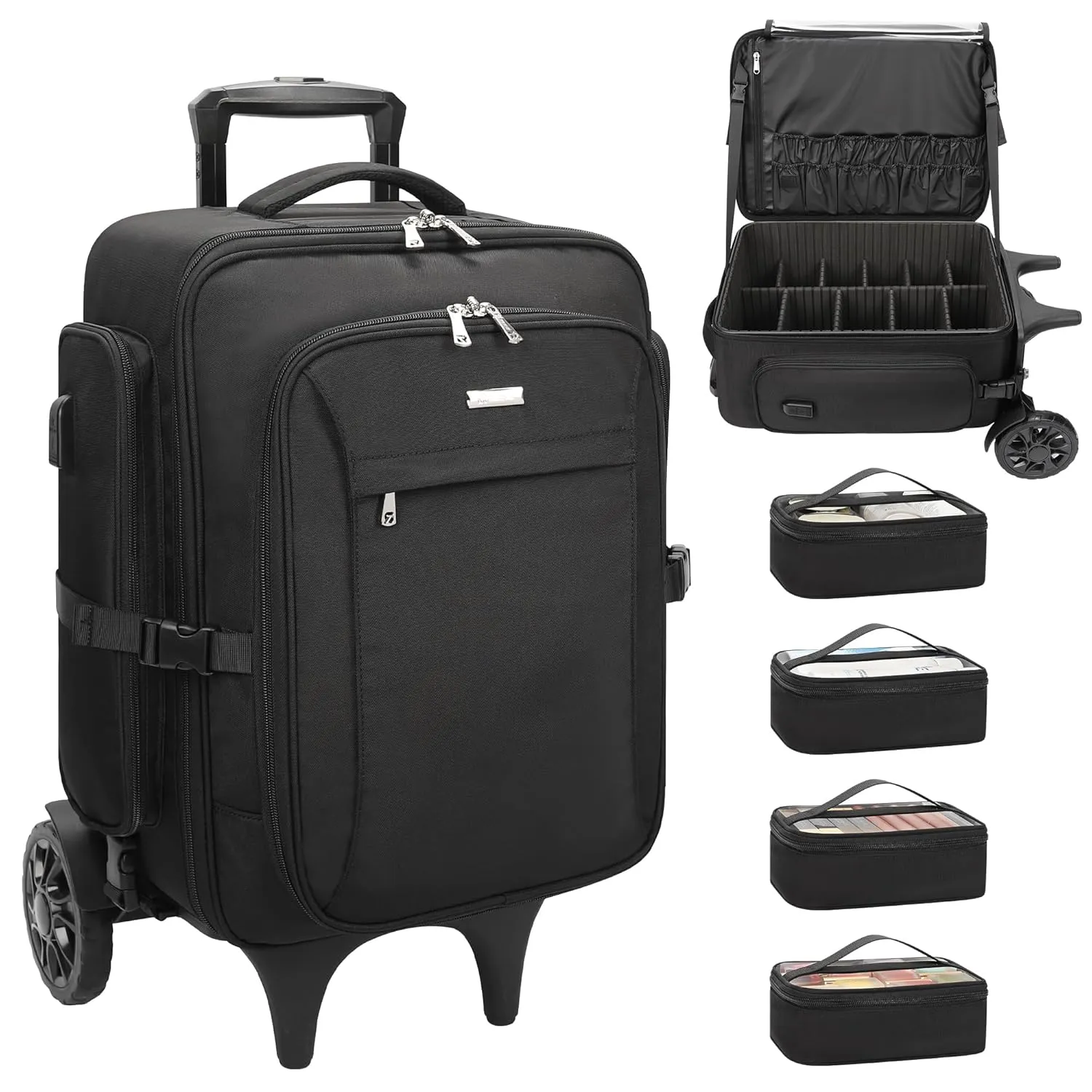 Relavel Rolling Makeup Case with 4 small bags, Large Make Up Travel Organizer with 2 big Wheels, Professional Lockable Makeup Artist Backpack with Adjustable Dividers for Daily Use, Trip - Black
