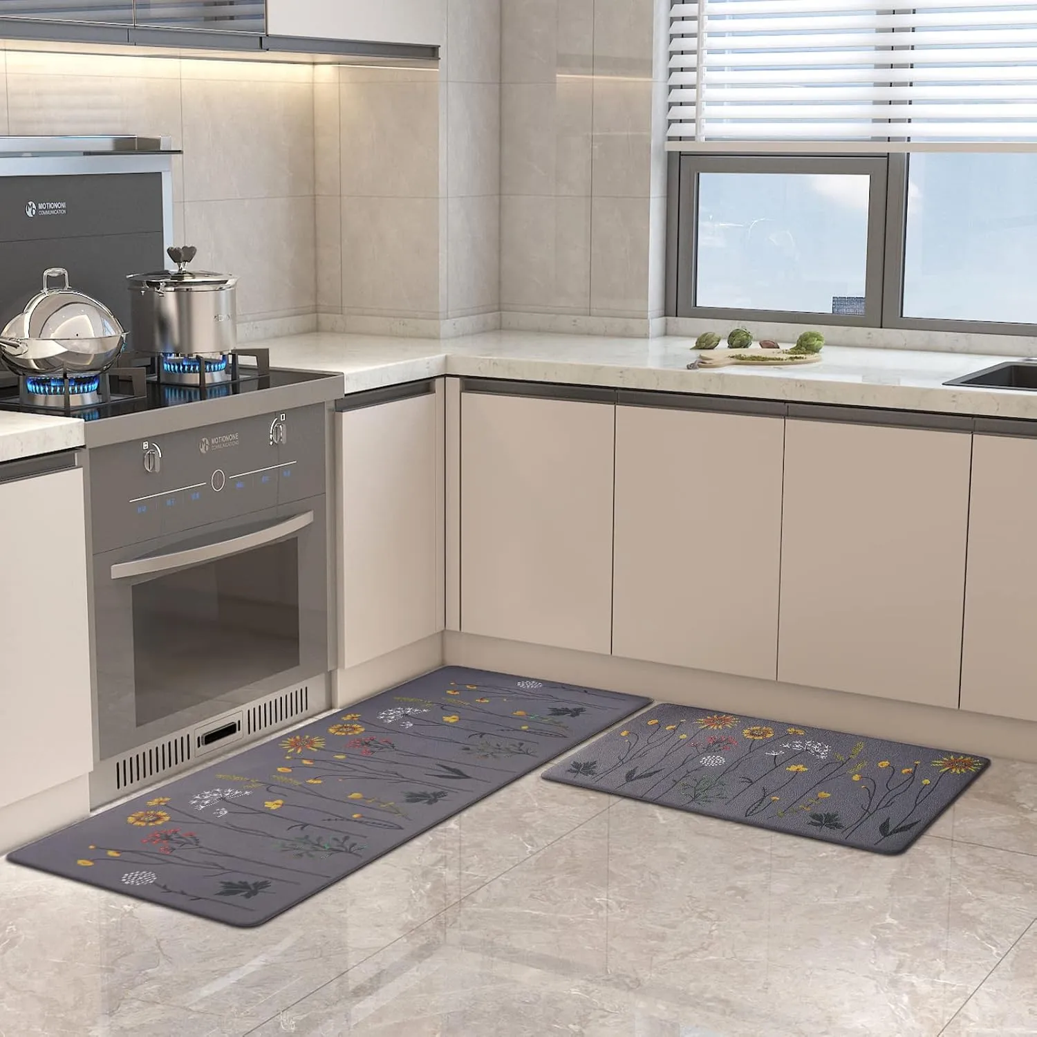 Rempry Kitchen Rugs and Mats Set of 2, Colorful Flowers , Non Slip Cushioned Anti-Fatigue Floor Mats for Kitchen Sink Office, 17"x47" 17"x29"