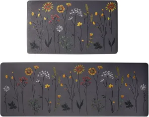Rempry Kitchen Rugs and Mats Set of 2, Colorful Flowers , Non Slip Cushioned Anti-Fatigue Floor Mats for Kitchen Sink Office, 17"x47" 17"x29"