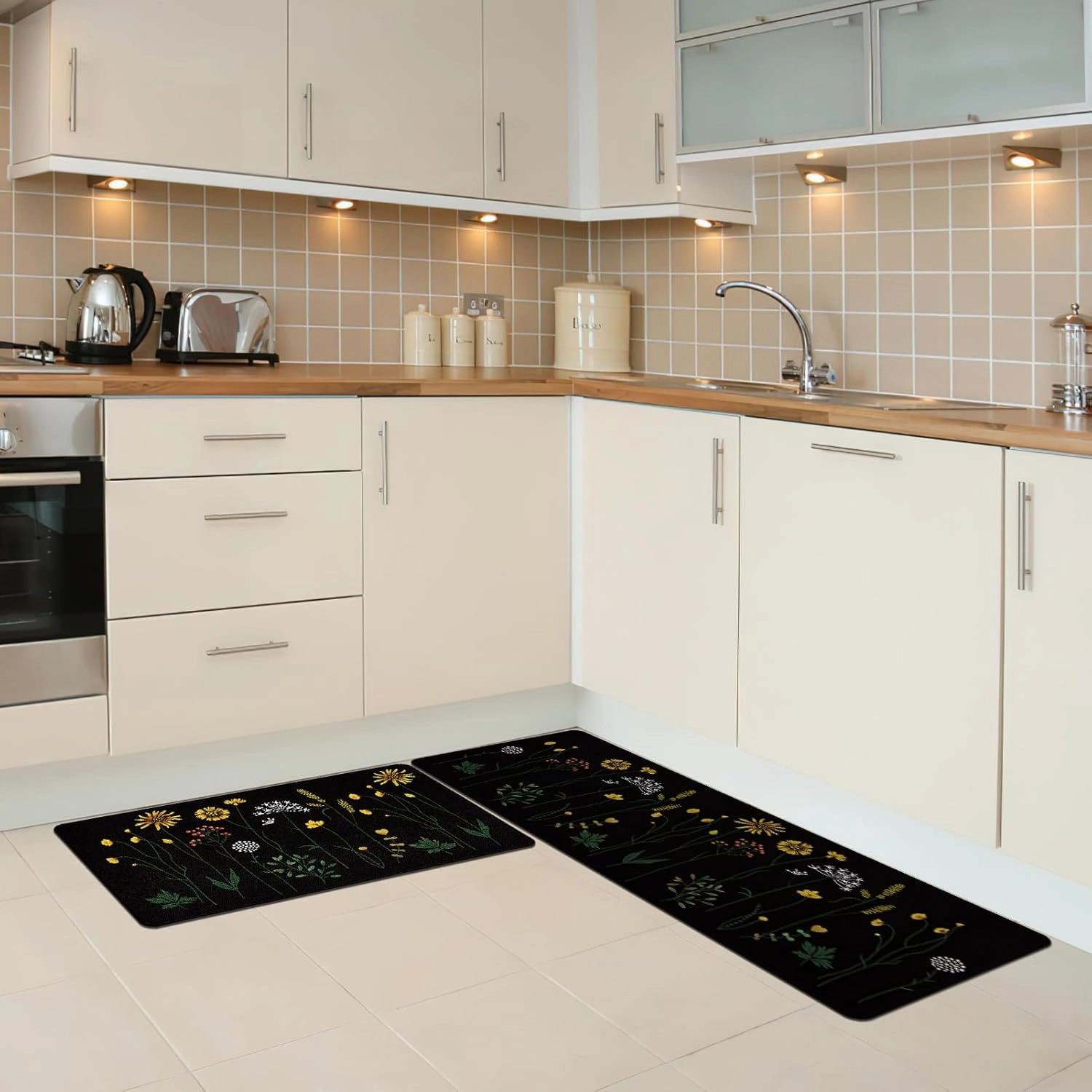 Rempry Colorful Floral Kitchen Mat for Floor, Non Slip Kitchen Rugs and Mat Set of 2, Waterproof Cushioned Anti Fatigue Kitchen Mat, 17"x47" 17"x29", Black