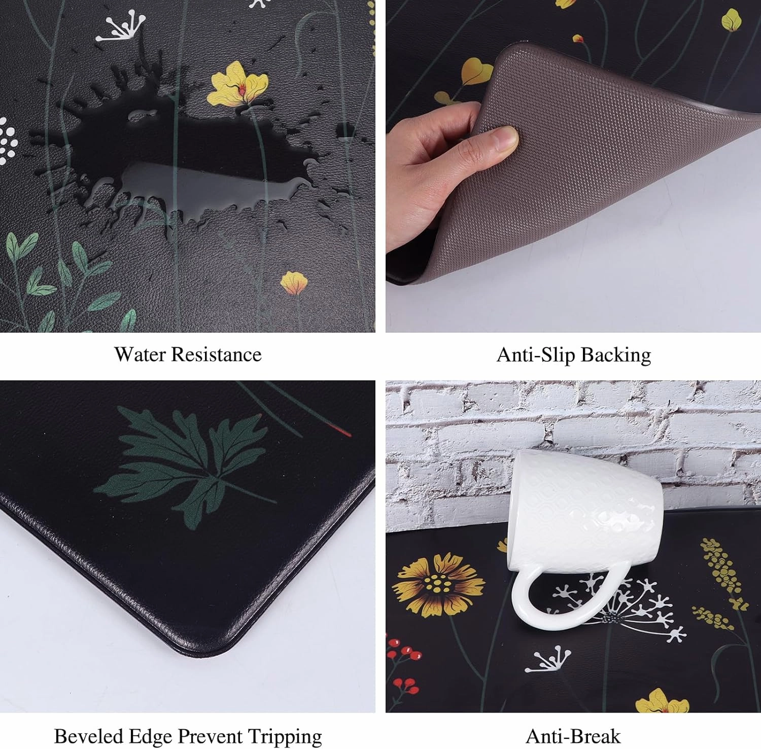 Rempry Colorful Floral Kitchen Mat for Floor, Non Slip Kitchen Rugs and Mat Set of 2, Waterproof Cushioned Anti Fatigue Kitchen Mat, 17"x47" 17"x29", Black