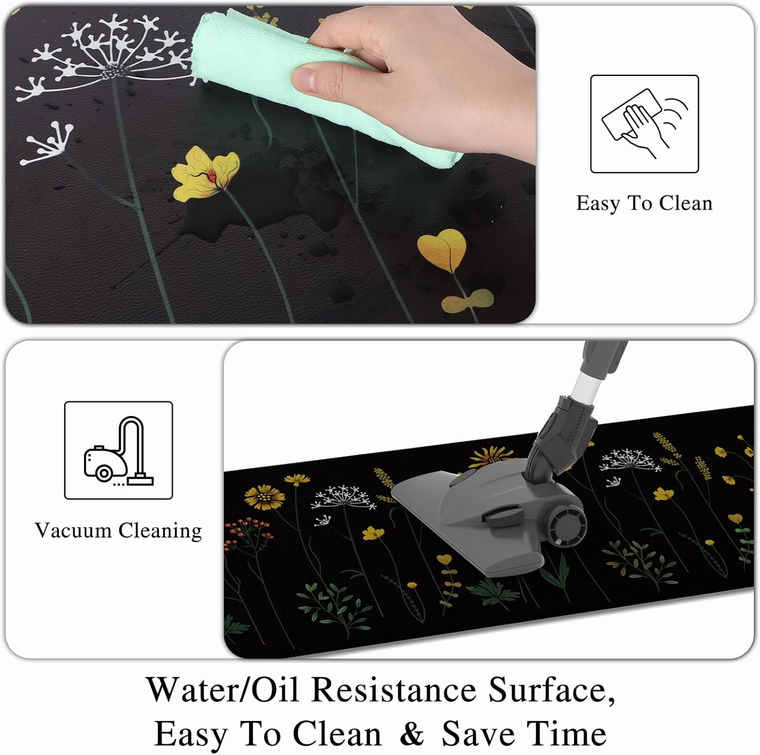 Rempry Colorful Floral Kitchen Mat for Floor, Non Slip Kitchen Rugs and Mat Set of 2, Waterproof Cushioned Anti Fatigue Kitchen Mat, 17"x47" 17"x29", Black