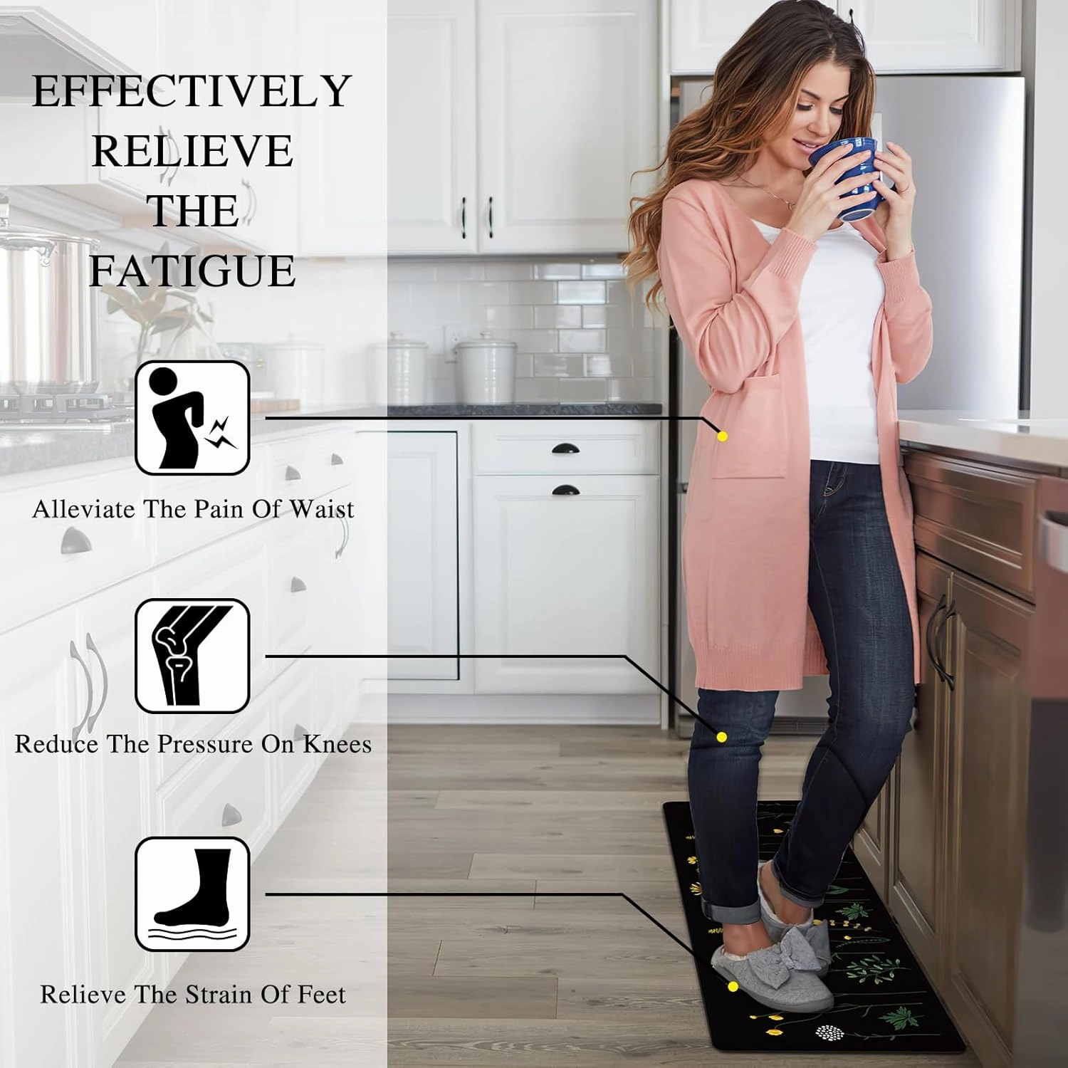 Rempry Colorful Floral Kitchen Mat for Floor, Non Slip Kitchen Rugs and Mat Set of 2, Waterproof Cushioned Anti Fatigue Kitchen Mat, 17"x47" 17"x29", Black