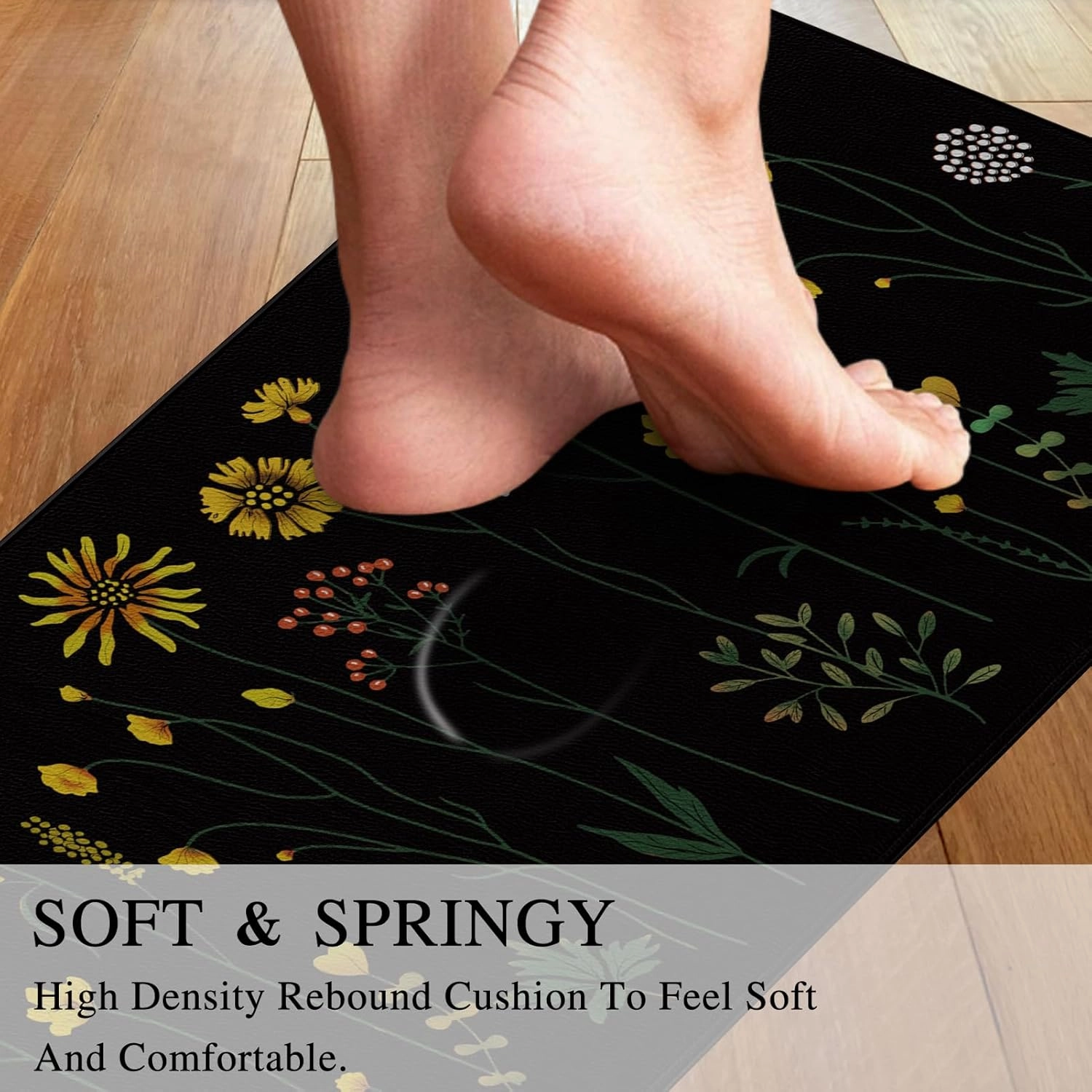 Rempry Colorful Floral Kitchen Mat for Floor, Non Slip Kitchen Rugs and Mat Set of 2, Waterproof Cushioned Anti Fatigue Kitchen Mat, 17"x47" 17"x29", Black
