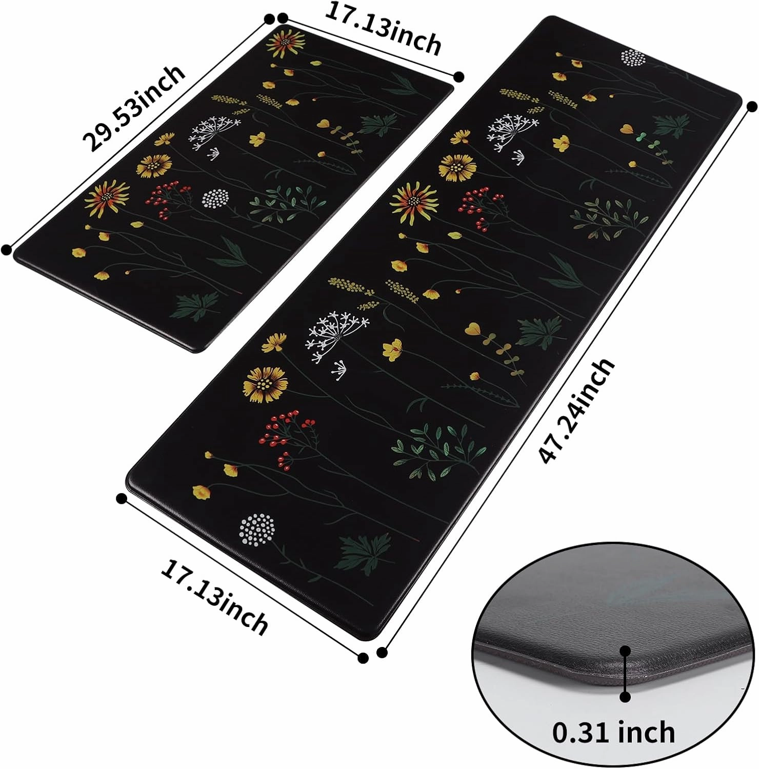Rempry Colorful Floral Kitchen Mat for Floor, Non Slip Kitchen Rugs and Mat Set of 2, Waterproof Cushioned Anti Fatigue Kitchen Mat, 17"x47" 17"x29", Black