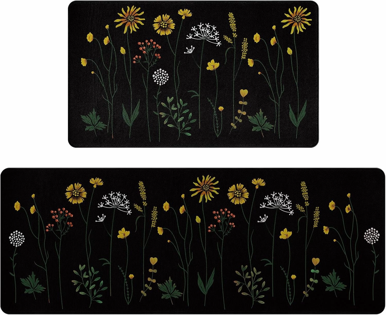Rempry Colorful Floral Kitchen Mat for Floor, Non Slip Kitchen Rugs and Mat Set of 2, Waterproof Cushioned Anti Fatigue Kitchen Mat, 17"x47" 17"x29", Black