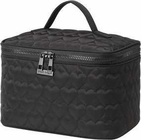 RIGHT AWAY Makeup Bag,Large Cosmetic Bags for Women Girls, Quilted Train Case Make Up Bag with Handle,Travel Makeup Case Organizer,Cute Toiletry Bag Vanity Bag (Black)