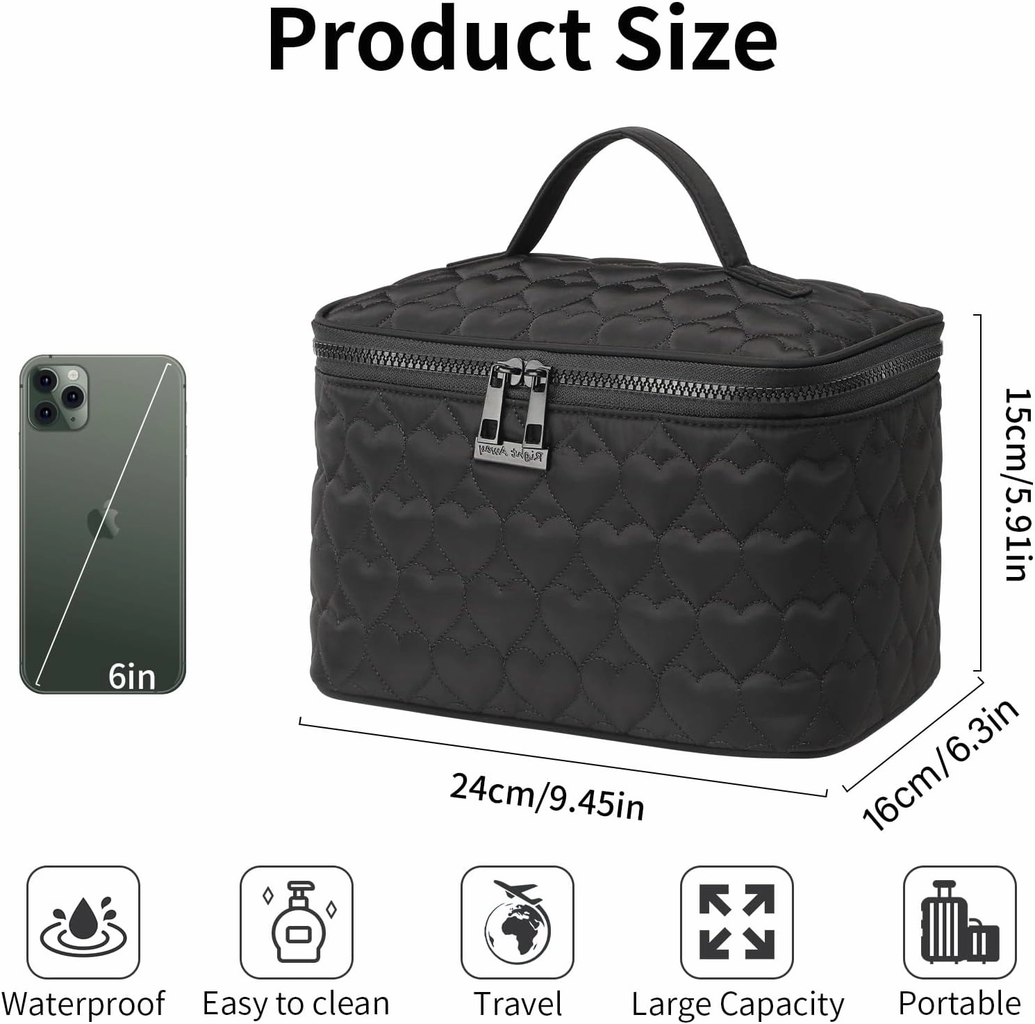 RIGHT AWAY Makeup Bag,Large Cosmetic Bags for Women Girls, Quilted Train Case Make Up Bag with Handle,Travel Makeup Case Organizer,Cute Toiletry Bag Vanity Bag (Black)