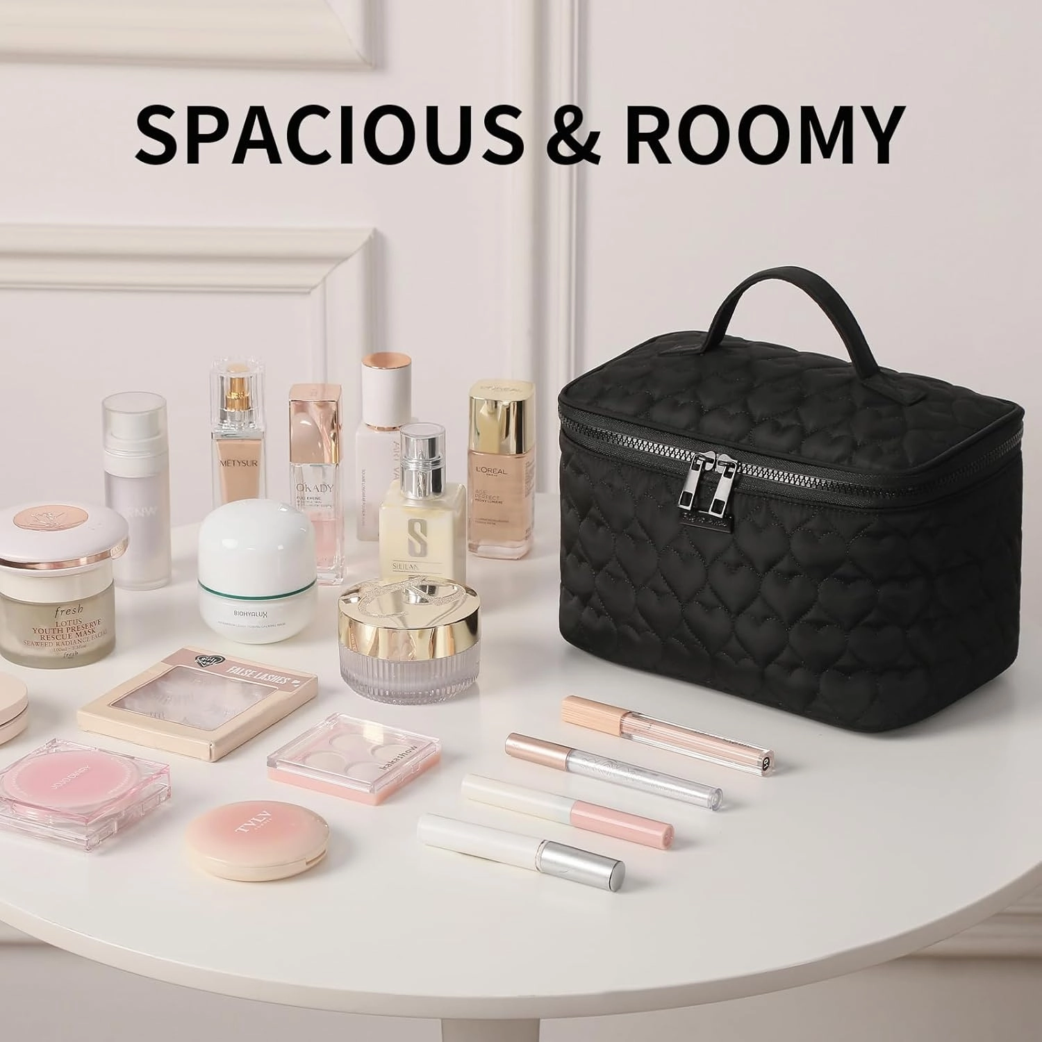 RIGHT AWAY Makeup Bag,Large Cosmetic Bags for Women Girls, Quilted Train Case Make Up Bag with Handle,Travel Makeup Case Organizer,Cute Toiletry Bag Vanity Bag (Black)