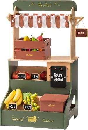 ROBUD Pretend Play Grocery Store with Lights, Supermarket Playset for Kids, Interactive Wooden Play Market Stand, Gift for 3  Kids Boys Girls (Vintage Green)