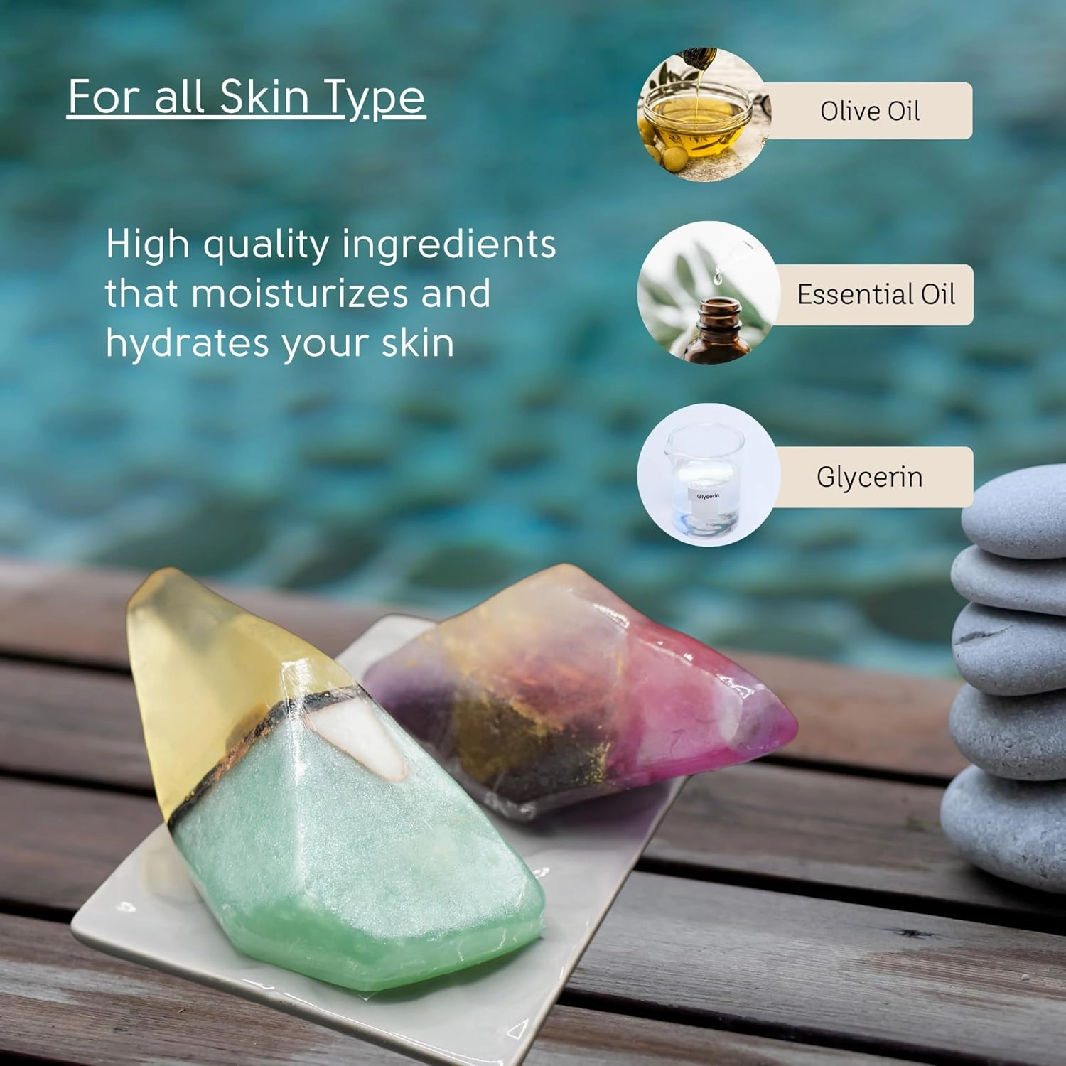 Rock Soap- Soap Rocks Set of 2- Mothers Day Gift- Decorative Scented Gemstone Soaps with Real Crystals Inside- with Natural Ingredients & Essential Oil- Moisturizing