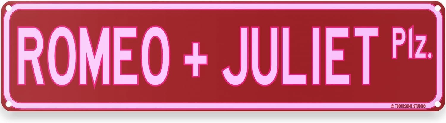 Romeo And Juliet Plaza Street Sign 16" x 4" Valentines V Day Lovers Theme Cute Love Message Home Decor Wall Decoration (Romeo Juliet)